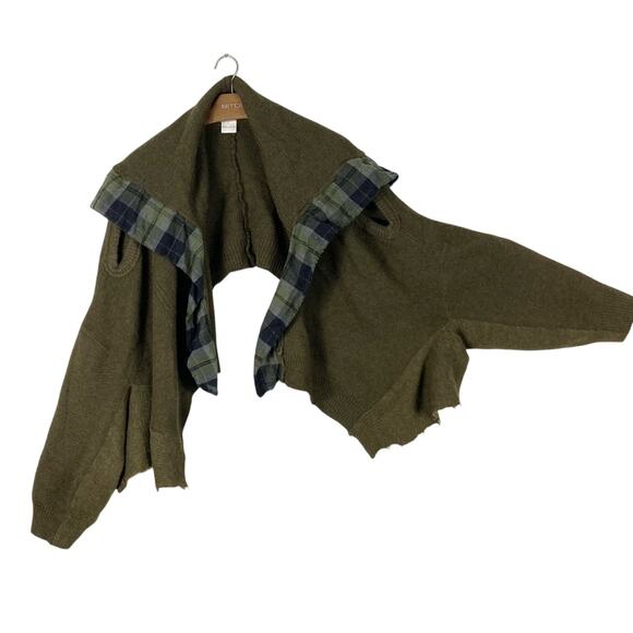 MARC LE BIHAN Cardigan Sweater OS FRANCE Wool Raw-Hem Plaid-Sailor-Collar CutOut - Picture 2 of 13